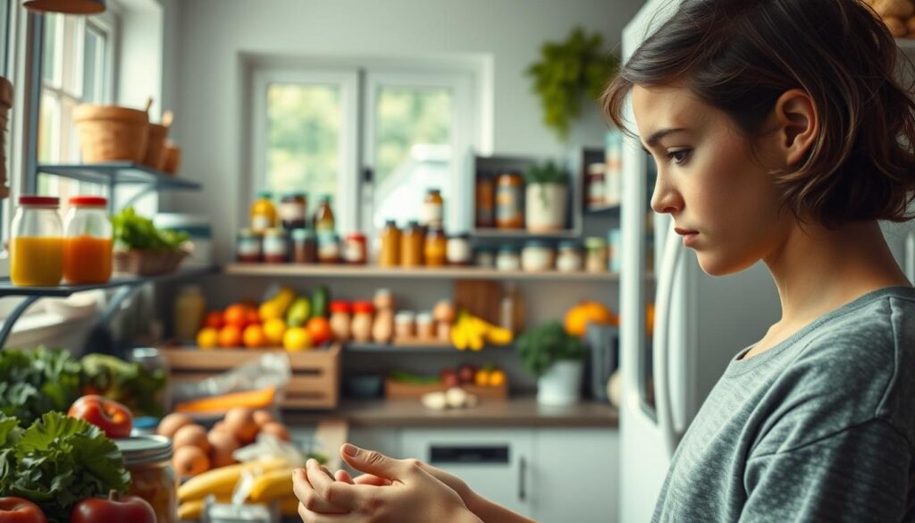 A bright, airy kitchen filled with fresh produce and kitchen essentials. In the foreground, a young person carefully examining the price tags on various grocery items, brows furrowed in concentration. The middle ground showcases a neatly organized pantry with jars, cans, and packages of staple foods, all within easy reach. The background features a large window, allowing natural light to flood the space and creating a sense of warmth and openness. The overall mood is one of thoughtfulness and efficiency, reflecting the thrifty and mindful approach to shopping.
