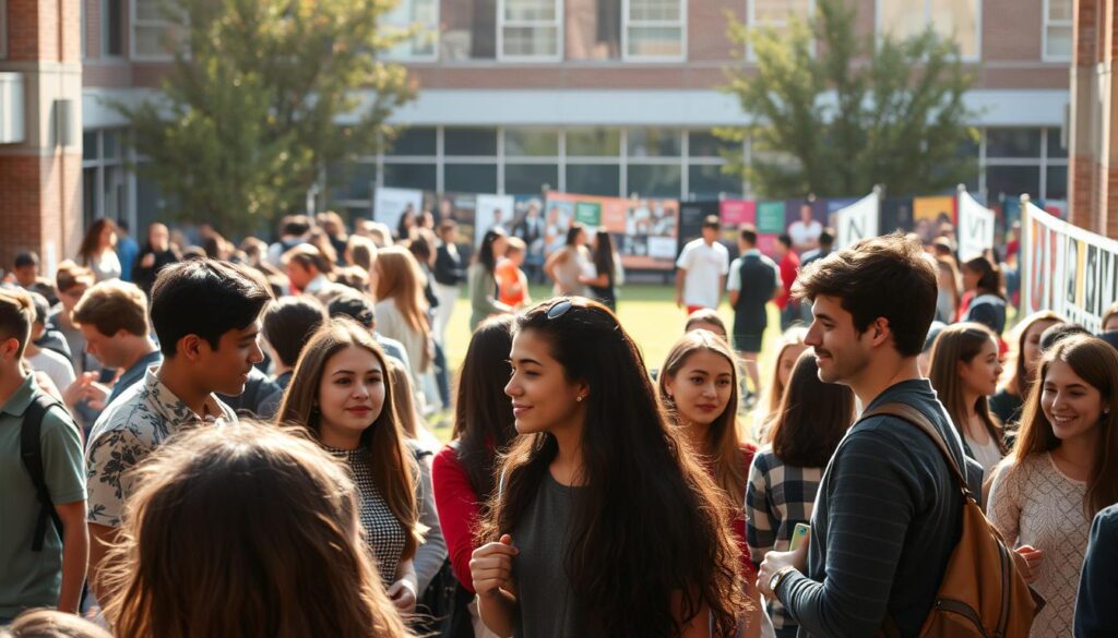 A bustling university campus scene, with groups of students engaged in various extracurricular activities. In the foreground, a lively student club meeting, with students animatedly discussing and collaborating on a project. In the middle ground, students participating in a sports event, their faces filled with determination and camaraderie. In the background, a vibrant student-led art exhibition, showcasing the diverse talents and creativity of the campus community. The scene is bathed in warm, natural lighting, captured with a wide-angle lens to convey a sense of energy and dynamism. The overall mood is one of engagement, personal growth, and the enriching experiences that come from active involvement in campus life.