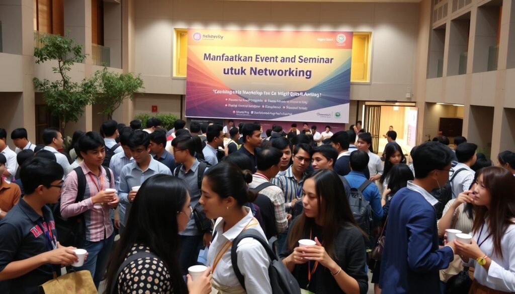 A bustling university campus, students mingling at a networking event. In the foreground, a group of young professionals engaged in lively discussions, exchanging business cards and ideas over cups of coffee. The middle ground features a large banner showcasing the event's theme, "Manfaatkan Event dan Seminar untuk Networking," illuminated by warm, soft lighting. In the background, a lecture hall can be seen, its doors open, inviting attendees to explore the various seminars and workshops on offer. The scene exudes an atmosphere of opportunity, collaboration, and the excitement of building meaningful connections in the digital age.