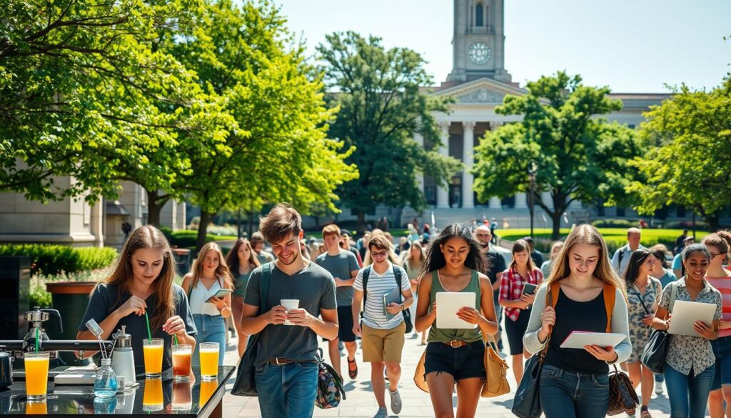 A bustling university campus, sun-dappled and alive with energy. In the foreground, a group of students engaged in a variety of part-time jobs - a barista crafting artisanal coffee drinks, a graphic designer working on a vibrant website layout, a tutor patiently explaining complex concepts to a younger peer. In the middle ground, students carrying laptops and textbooks hurry to their next classes, while in the background, trees sway gently, and the façade of the library stands tall, a symbol of academic pursuit. The scene exudes a sense of balance, where students seamlessly juggle their studies with meaningful part-time work, honing valuable skills and earning extra income to support their college experience.