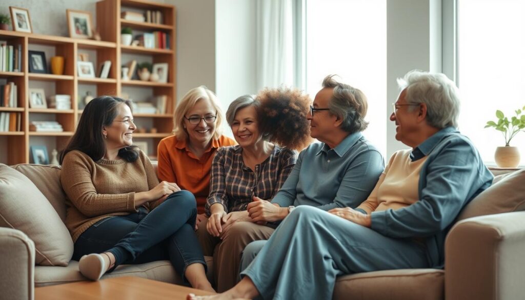 A close-knit group of diverse individuals, from various backgrounds, offering emotional and practical support to one another. A warm, inviting living room scene, bathed in soft, natural lighting that filters through large windows. Plush, comfortable seating arrangements encourage open dialogue and meaningful connections. Shelves lined with books, family photos, and mementos reflect the close-knit bonds. The overall atmosphere exudes a sense of safety, trust, and camaraderie - a true "support system" for those navigating life's challenges.
