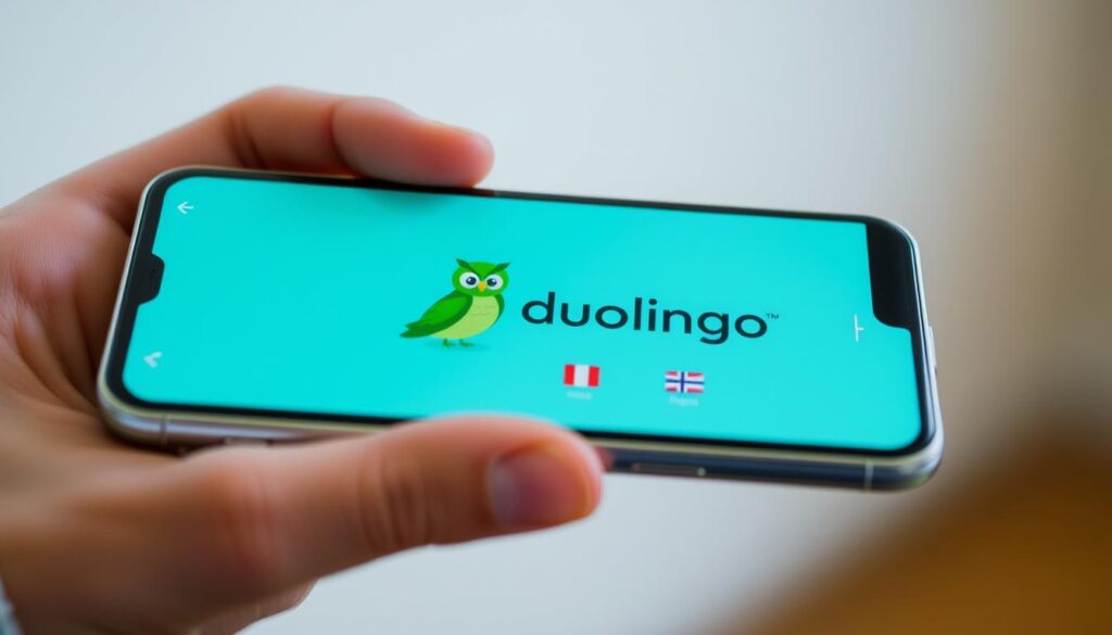 A close-up view of the Duolingo language learning app displayed on a sleek, silver smartphone. The screen shows the app's iconic green owl mascot and a selection of language flags, creating a visually engaging and intuitive interface. The phone is held in a relaxed, natural hand pose, suggesting the ease and accessibility of the app. The background is blurred, keeping the focus on the device and the app's striking visual design. The lighting is soft and diffused, creating a warm, inviting atmosphere that reflects the app's user-friendly approach to language education.