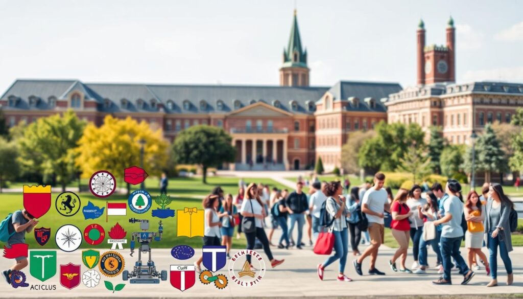 A college campus setting, showcasing various student organizations and extracurricular activities. In the foreground, a vibrant collage of logos, icons, and symbols representing different types of university clubs, from academic and professional groups to cultural, social, and recreational ones. In the middle ground, students engaged in diverse activities, such as a robotics team tinkering with their latest project, a dance troupe rehearsing their choreography, and a community service club organizing a donation drive. The background features the iconic architecture of the university, with its grand lecture halls, modern research facilities, and lush green spaces. The lighting is natural, with a warm, inviting glow that reflects the sense of community and learning. The overall atmosphere conveys the rich tapestry of extracurricular opportunities available to students, fostering their personal and professional development.