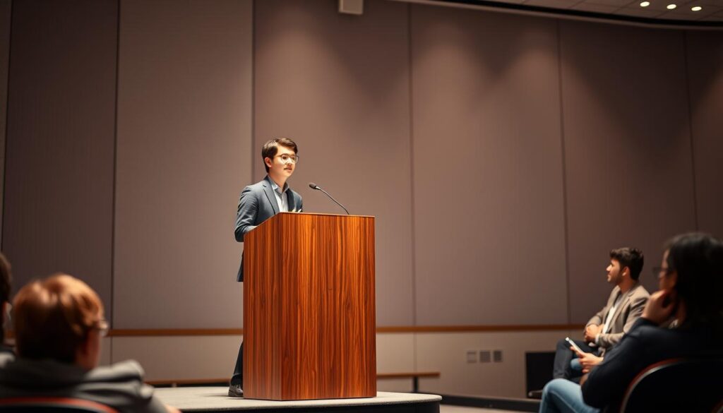 A college student confidently delivers a presentation in English, standing behind a modern podium on a well-lit stage. The audience, seated in a spacious lecture hall, listens intently. Soft, warm lighting illuminates the student's focused expression, conveying a sense of professionalism and preparation. The background features a clean, minimalist design, with subtle patterns or textures that add depth and visual interest without distracting from the central figure. The overall scene captures the essence of practicing and honing one's presentation skills in the English language.