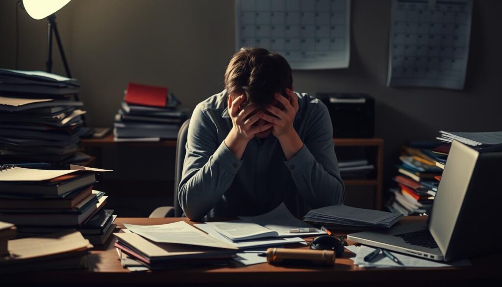 A college student sits alone, head in hands, surrounded by a cluttered desk. Textbooks, papers, and a laptop haphazardly scattered, signifying the pressures of academic life. The lighting is dim, casting shadows that reflect the individual's inner turmoil. In the background, a calendar on the wall highlights key deadlines, adding to the sense of overwhelming responsibilities. The atmosphere is one of stress, uncertainty, and the weight of unrealized expectations, capturing the essence of a quarter-life crisis experienced by many university students.