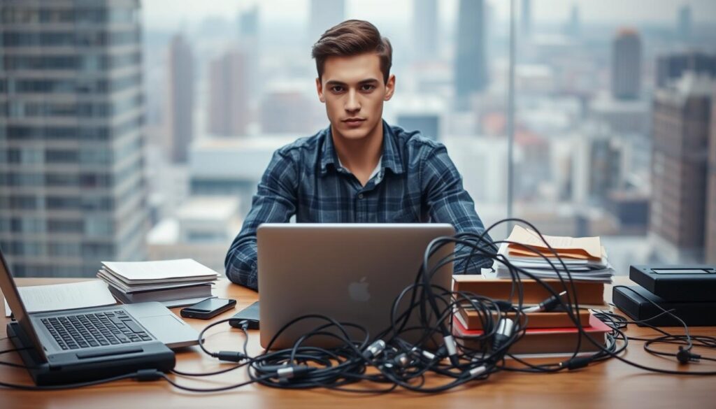 A college student sits at a desk, surrounded by a swirl of technological devices and obstacles. In the foreground, a laptop, smartphone, and textbooks compete for attention. In the middle ground, a maze of cables and charging cords snakes across the desk, symbolizing the complexities of online business. The background features a blurred cityscape, hinting at the broader commercial landscape the student must navigate. Soft, diffused lighting creates a contemplative mood, as the student ponders the challenges of balancing academic life and entrepreneurial ambitions. A sense of determination and focus is palpable, underscoring the student's resolve to overcome the obstacles of online business.