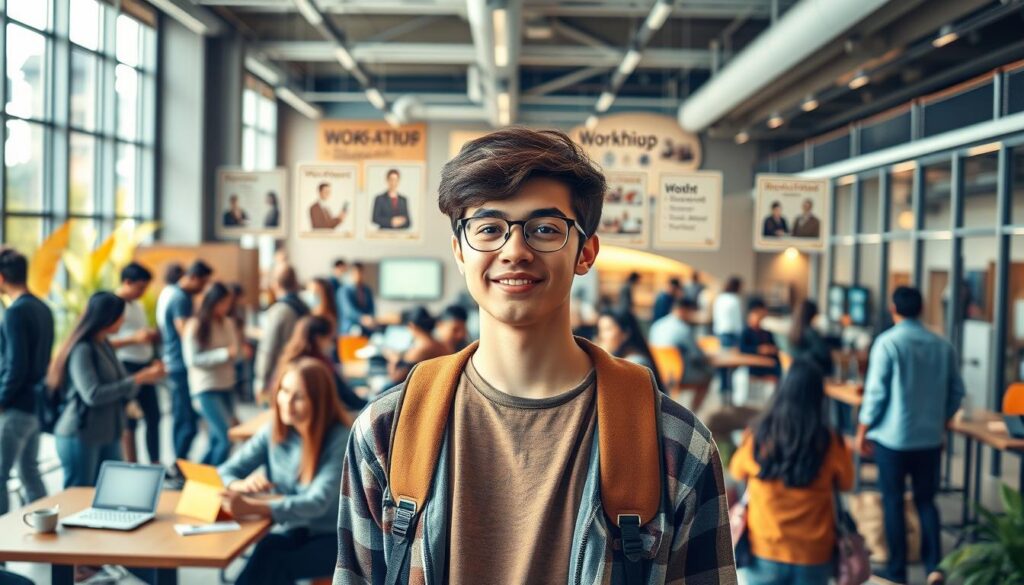 A college student surrounded by a vibrant, dynamic environment, engaged in various activities that develop their soft skills. In the foreground, the student is actively collaborating with peers, communicating ideas, and problem-solving. The middle ground features a diverse range of workshops, presentations, and group discussions, all focused on honing interpersonal abilities. The background showcases a modern, well-equipped campus setting, with innovative learning spaces and technology-enabled facilities that enable the student's growth. Warm, natural lighting creates a welcoming atmosphere, and a sense of energy and progress permeates the scene.
