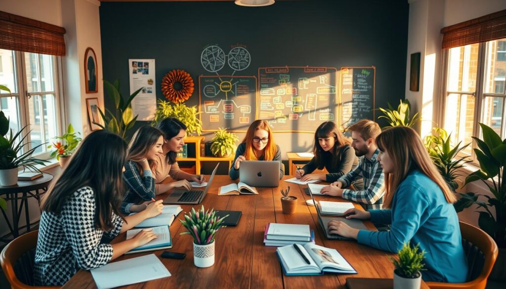 A cozy study group gathered around a wooden table, books and laptops open, engaged in lively discussion. Warm lighting filters through large windows, casting a soft glow on their focused faces. Vibrant plants and wall decor create an inviting, collaborative atmosphere. In the background, a chalkboard displays mind maps and colorful notes, reflecting the group's collective learning process. The scene conveys a sense of camaraderie, intellectual stimulation, and a supportive environment for academic success.