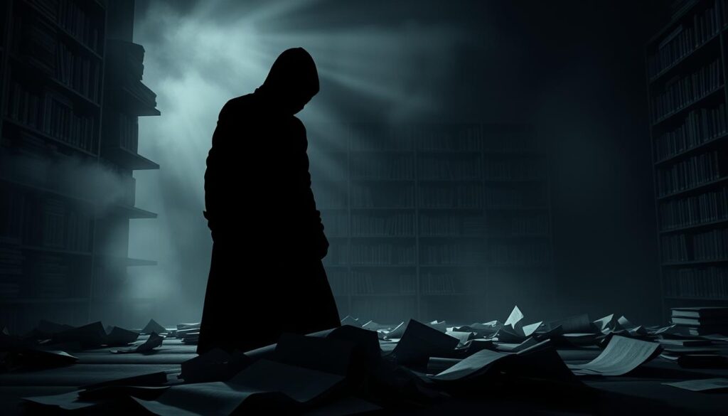 A dark, ominous scene depicting the negative impact of plagiarism. In the foreground, a shadowy figure looms, representing the consequences of academic dishonesty. The middle ground features crumpled pages and scattered documents, symbolizing the unraveling of integrity. In the background, a towering wall of bookshelf shadows casts an oppressive gloom, conveying the weight of damaged reputations and lost opportunities. The lighting is dramatic, with deep shadows and muted tones, creating a sense of dread and unease. The overall atmosphere reflects the gravity and seriousness of the subject, warning against the perils of plagiarism.