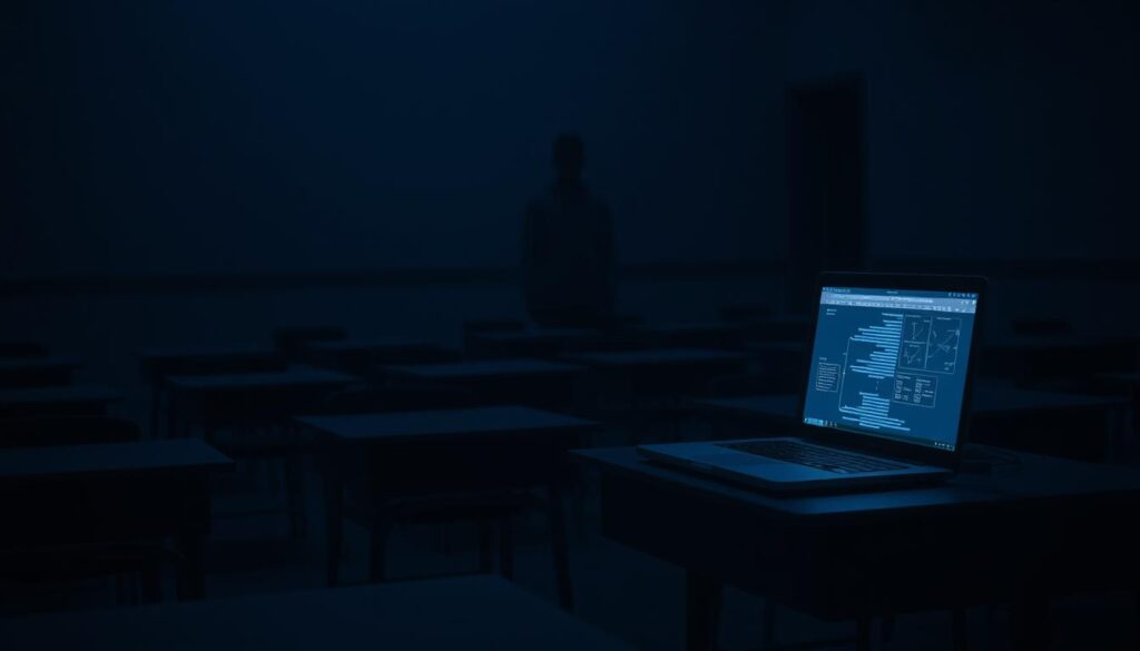 A dimly lit classroom, desks and chairs haphazardly arranged, casting ominous shadows. In the foreground, a teacher's desk with a laptop emitting an eerie glow, signifying the misuse of AI technology. Looming in the background, a hazy figure of a student, their face obscured, symbolizing the exploitation and manipulation of educational outcomes. The scene is bathed in a somber, blue-toned lighting, evoking a sense of unease and the unsettling consequences of AI's misuse in the educational system.