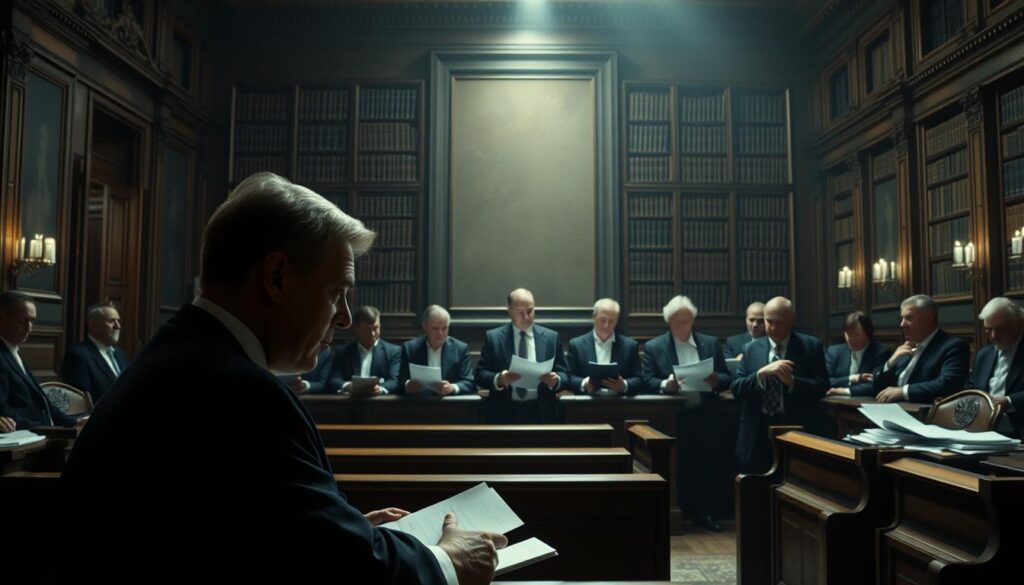 A dimly lit courtroom scene, with a panel of legal experts engaged in intense discussion. In the foreground, a stern-faced judge sits at the bench, surrounded by rows of wooden benches and ornate architectural details. The middle ground features a group of lawyers and legal scholars, their expressions thoughtful and analytical as they pore over documents and case files. In the background, the courtroom walls are lined with towering bookcases, conveying a sense of the weight and gravitas of the legal system. Soft, dramatic lighting casts shadows across the scene, heightening the gravity of the moment. The overall atmosphere is one of serious contemplation and critique, befitting the subject of a corruption case and its legal aftermath.