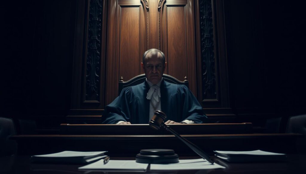 A dimly lit courtroom, the judge's bench in sharp focus, their robe and gavel casting long shadows. Behind them, a towering wooden panel backdrop, intricate carvings and textures hinting at the weight of the proceedings. In the foreground, a table with documents and evidence, the light creating a dramatic chiaroscuro effect. The mood is somber, the atmosphere heavy with the gravity of the corruption case at hand. The scene conveys a sense of measured deliberation, the judge's expression impassive as they carefully consider the facts before rendering their solemn verdict.
