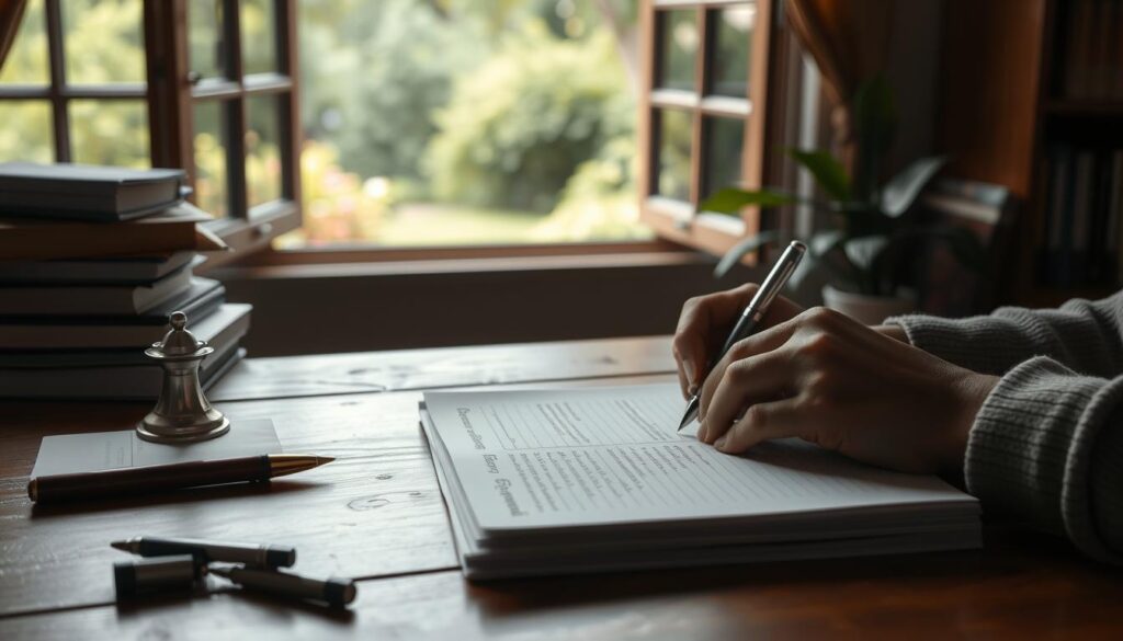 A dimly lit desk with a wooden surface, a silver fountain pen, and a stack of papers arranged neatly. In the foreground, a person's hands are carefully taking notes in an organized Cornell-style format, with clear sections for main ideas, key points, and questions. The background features a large, open window overlooking a serene, lush garden, providing a sense of tranquility and focus. The lighting is soft and natural, creating a warm, contemplative atmosphere. The overall scene conveys the focus, discipline, and effectiveness of the Cornell note-taking method.