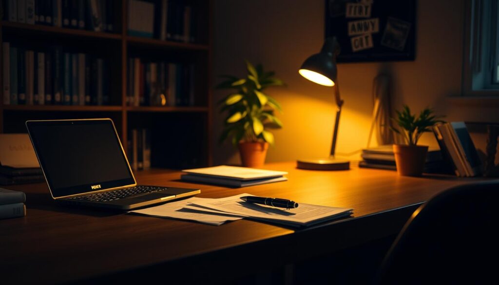 A dimly lit office space, the desk illuminated by a warm lamp casting a soft glow. On the surface, a laptop, a stack of papers, and a pen poised for note-taking. In the background, shelves filled with reference books and a potted plant casting gentle shadows. The scene conveys a sense of focus and preparation, as if the occupant is diligently preparing for an upcoming internship or practical training. The mood is one of quiet contemplation and readiness, with subtle hints of the tasks and responsibilities that lie ahead.