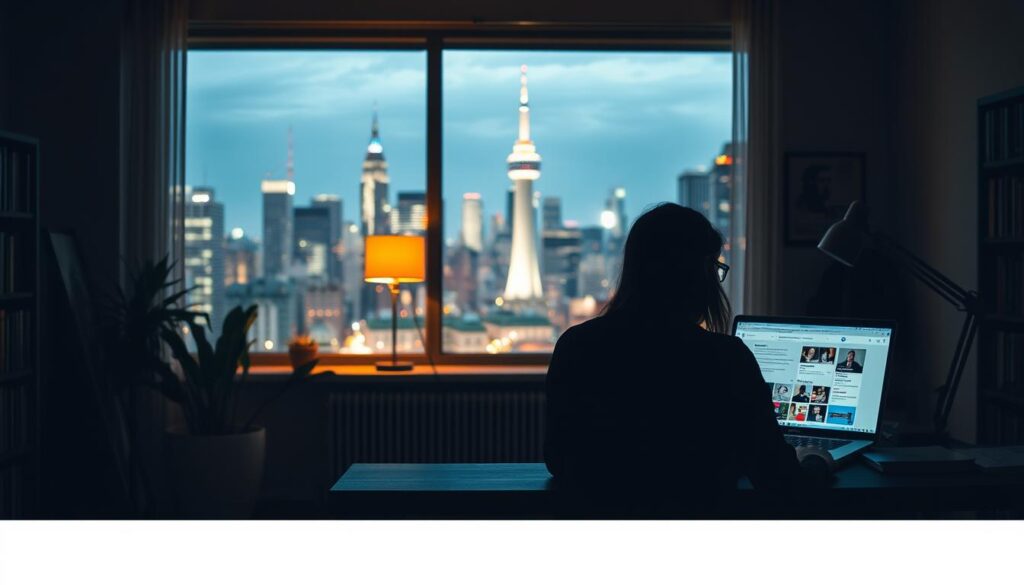 A dimly lit study room, with a large window overlooking a bustling city skyline. In the foreground, a student sits at a desk, intently focused on their laptop screen, navigating through a selection of online course materials. Soft, warm lighting from a desk lamp casts a cozy glow, while the background is filled with bookshelves, a potted plant, and subtle hints of academia. The scene conveys a sense of focused concentration and the pursuit of knowledge through the abundant free educational resources available on the internet.