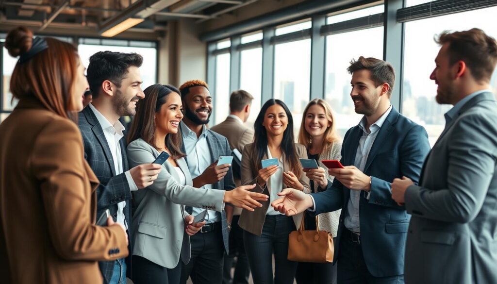A diverse group of young professionals networking, shaking hands and exchanging business cards in a modern, well-lit office setting. The scene has a warm, collaborative atmosphere with natural lighting filtering through large windows. In the background, a view of a bustling city skyline, conveying the sense of a thriving, interconnected urban environment. The subjects are dressed in business casual attire, their expressions conveying enthusiasm and openness to new connections. The overall composition suggests the value of building professional relationships and expanding one's network to unlock new opportunities.