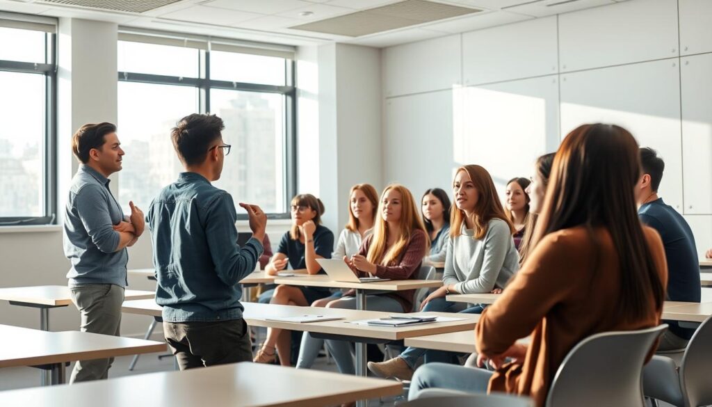 A focused group of university students engaged in a lively public speaking exercise, seated in a well-lit, modern classroom with minimalist decor. The participants stand at the front, gesturing animatedly and making eye contact, while their peers observe attentively. Soft natural light filters in through large windows, casting a warm, collaborative atmosphere. The scene conveys a sense of practice, feedback, and growing confidence as the students hone their public speaking skills.