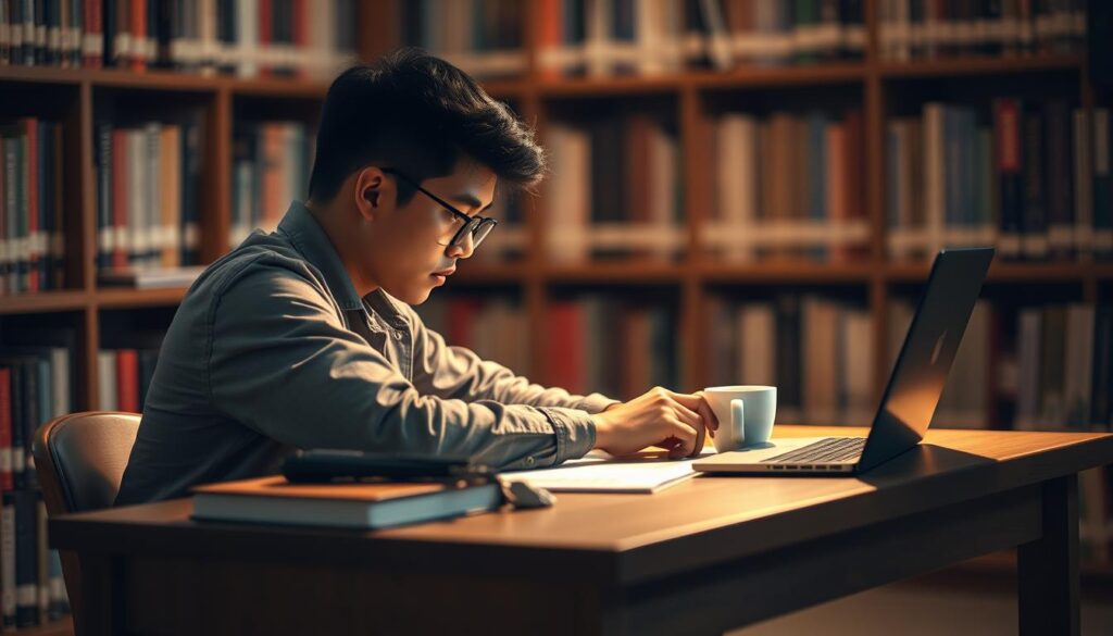 A focused, well-lit academic setting with a student studying intently at a wooden desk. The desk is adorned with textbooks, a laptop, and a cup of coffee, conveying a sense of focused, strategic academic work. Soft, warm lighting illuminates the scene, casting subtle shadows and creating a contemplative atmosphere. The background features shelves of books, suggesting a university library or study area. The student's posture and expression reflect a determined, goal-oriented mindset, embodying the essence of "strategi akademik" or strategic academic planning.