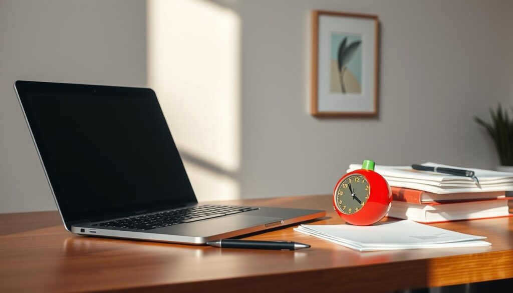 A focused, well-lit desktop scene showcasing the Pomodoro time management technique. On the table, a laptop, a pen, and a tomato-shaped timer sit alongside a stack of books and notes. Soft, natural lighting illuminates the workspace, creating a calm and productive atmosphere. In the background, a minimalist wall art or decor piece accentuates the workspace's clean and organized aesthetic. The overall composition conveys a sense of efficiency, structure, and concentration, perfectly illustrating the "Tetapkan Batas Waktu Belajar dan Istirahat" section of the article.