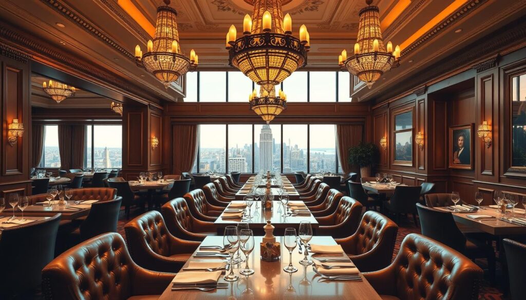 A grand, elegant interior of The Langham restaurant, bathed in warm, golden lighting that casts a cozy, luxurious ambiance. A spacious, high-ceilinged dining room with ornate chandeliers and large windows offering a breathtaking panoramic view of the bustling city skyline beyond. Plush, tufted leather seating, polished wood tables, and intricate, detailed moldings on the walls create an atmosphere of refined sophistication. The table settings are impeccable, with fine china, crystal glassware, and gleaming silverware, setting the stage for an exceptional fine dining experience.