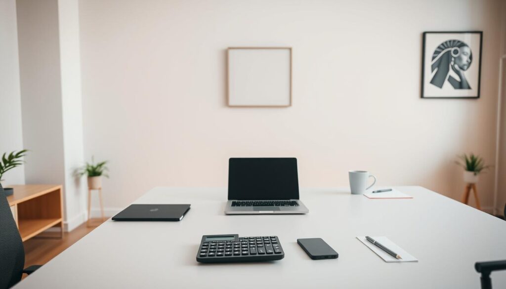 A minimalist office setting with a large desk, a laptop, and a calculator. The desk is neatly organized, with a few office supplies and a cup of coffee. Warm, diffused lighting from a large window creates a cozy and productive atmosphere. In the background, a simple, uncluttered wall with a stylish piece of artwork. The overall scene conveys a sense of efficiency, cost-effectiveness, and time-saving, reflecting the concept of "Menghemat Biaya dan Waktu".