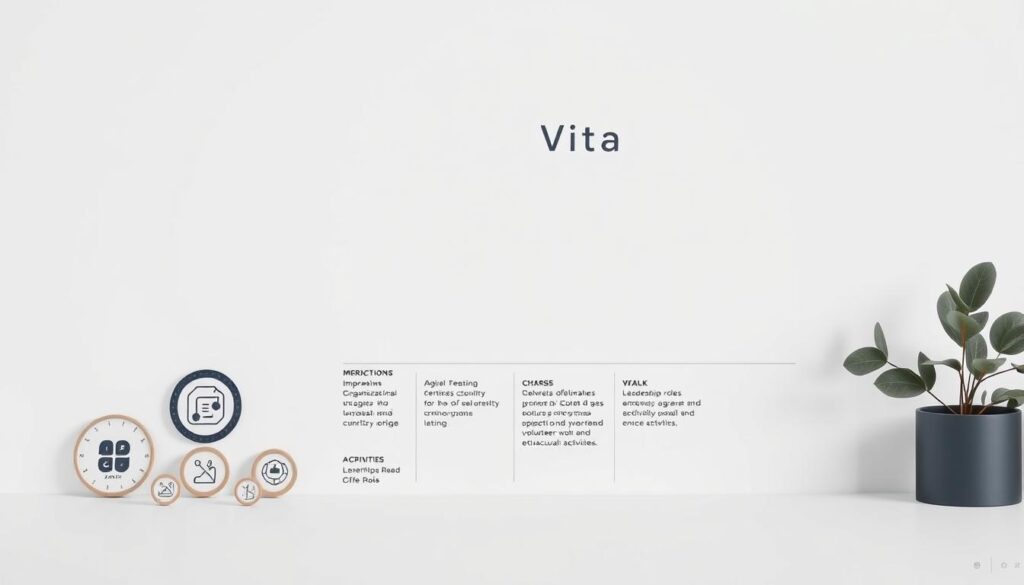 A neatly organized curriculum vitae against a clean, minimalist background. In the foreground, skill icons and badges representing relevant competencies, arranged in a visually appealing grid layout. In the middle ground, a clean timeline showcasing impactful organizational experiences, with subtle details highlighting leadership roles, volunteer work, and extracurricular activities. The overall composition conveys a sense of professionalism, focus, and a well-rounded skill set, all rendered in a muted color palette with soft, directional lighting to create a sophisticated, polished aesthetic.