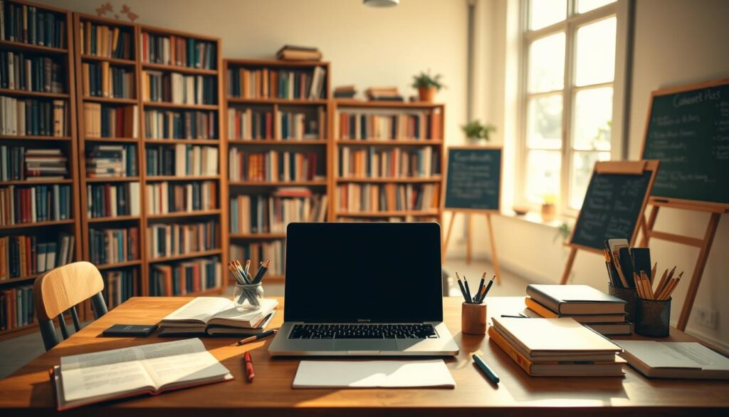 A neatly organized desk with a laptop, textbooks, and various stationery items. Warm, natural lighting filters through large windows, creating a cozy, focused atmosphere. In the background, bookshelves filled with knowledge-filled volumes and a chalkboard or whiteboard displaying key academic subjects. The scene conveys a sense of productive learning, research, and intellectual growth, suitable for a section on finding free educational resources online.