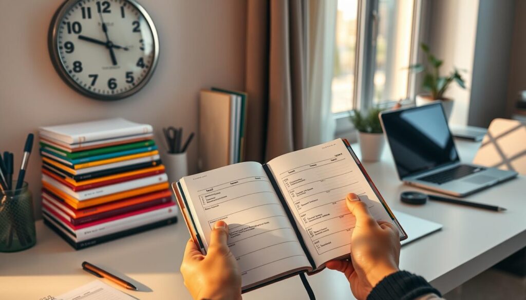 A neatly organized desktop with a large analog wall clock, a stack of colorful notebooks, and a pen holder. In the foreground, a person's hands hold a daily planner open, revealing meticulously scheduled tasks and priorities. Warm, natural lighting from a nearby window casts a soft glow across the scene, creating a sense of focus and productivity. The background features a clean, minimalist workspace with a laptop, a plant, and other organizational accessories, all contributing to an atmosphere of time management and efficiency.