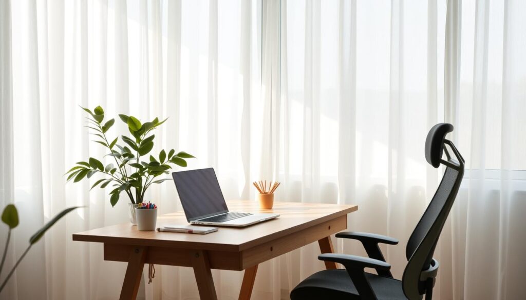 A serene and inviting home office, bathed in soft natural light filtering through sheer curtains. A laptop and stationery neatly arranged on a minimalist wooden desk, signifying the flexibility and ease of digital access. Comfortable ergonomic chair and a tranquil indoor plant create a calming atmosphere, ideal for focused work or online learning. The scene conveys a sense of openness, comfort, and the seamless integration of technology into a harmonious, modern living space.