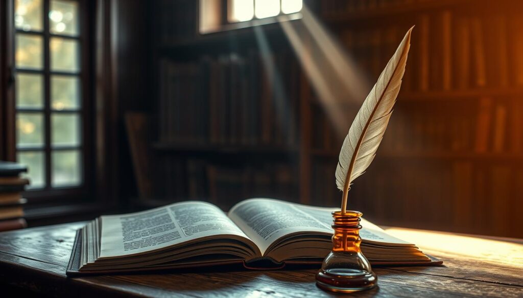 A serene, dimly lit study with an open book resting on a wooden desk. Sunlight filters through a nearby window, casting a warm, contemplative glow. In the foreground, a quill pen and inkwell sit poised, ready to capture the writer's insights. The background features shelves lined with leather-bound volumes, hinting at the wealth of knowledge at the writer's fingertips. The overall atmosphere evokes a sense of deep contemplation and understanding, as the writer delves into the context and meaning of the written word.