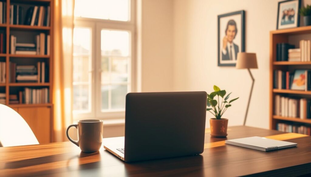 A serene home office setting with a laptop, coffee mug, and a potted plant on a wooden desk. Warm, natural lighting from a large window casts a cozy glow, creating a relaxed and productive atmosphere. In the background, bookshelves and artwork add depth and a sense of personal expression. The scene conveys the benefits of a flexible, balanced work-life integration that a side job can provide - the freedom to work on your own terms, the ability to supplement your income, and the opportunity to explore your passions and skills beyond your primary occupation.