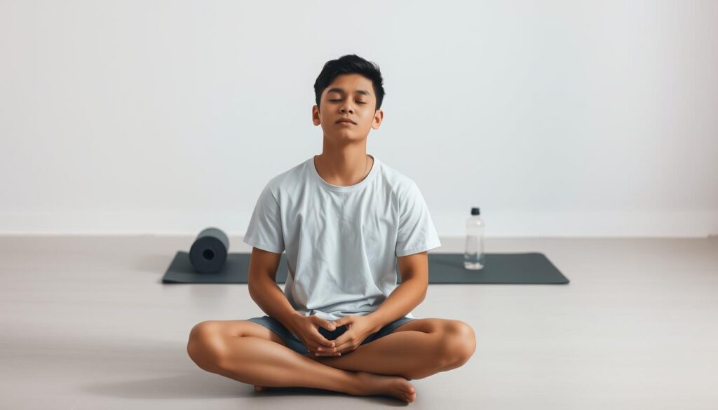 A serene, minimalist scene depicting the mental and physical preparation of a person. In the foreground, a young individual sits cross-legged, eyes closed, hands resting on their lap, exuding a sense of calm and focused meditation. Soft, diffused lighting illuminates their face, creating a contemplative atmosphere. In the middle ground, a yoga mat and water bottle suggest a physical exercise routine. The background is a simple, neutral space, allowing the viewer to concentrate on the subject's inward journey. The overall composition conveys a balanced approach to personal growth, blending mental and physical well-being.