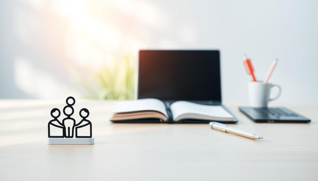 A serene, minimalist workspace with essential soft skills tools arranged neatly. In the foreground, a stylized icon representing teamwork, communication, and problem-solving. The middle ground showcases a laptop, notebook, and pen, symbolizing the importance of learning and adaptability. The background features a clean, natural environment with soft lighting, conveying a sense of focus and clarity. The overall composition suggests the harmonious balance between technical expertise and interpersonal abilities that modern students must cultivate.