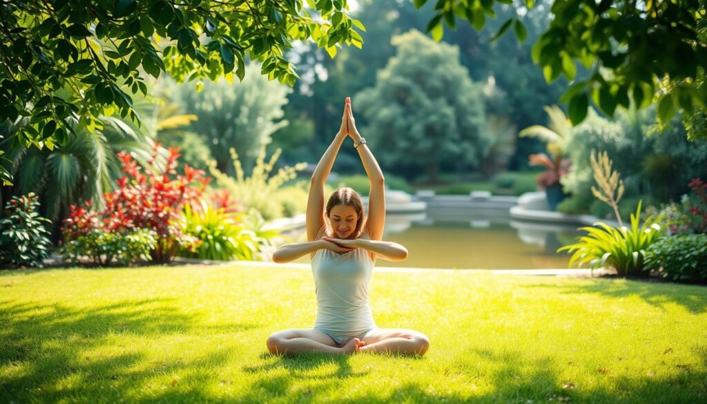 A serene outdoor scene of a person practicing light exercise in a tranquil garden setting. The figure performs gentle yoga poses or stretches on a lush green lawn, surrounded by vibrant foliage and a calming water feature in the background. Soft, diffused natural lighting filters through the leaves, creating a soothing, therapeutic atmosphere. The pose and expression of the individual convey a sense of mindfulness, relaxation, and stress relief. The image should visually communicate the benefits of light physical activity for maintaining mental and physical well-being during periods of academic pressure.