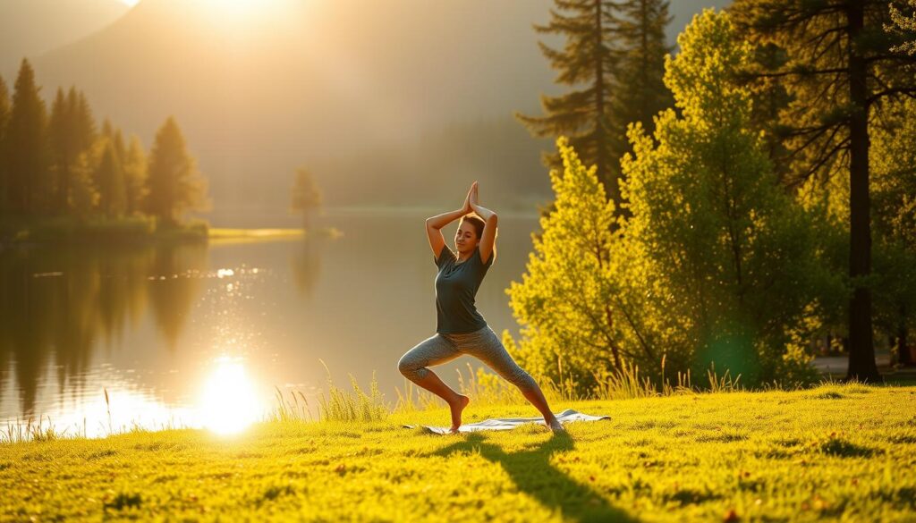 A serene outdoor scene with a young person practicing yoga on a lush, green meadow. The sun casts a warm, golden glow, creating a peaceful, meditative atmosphere. In the background, a tranquil lake reflects the surrounding trees and mountains, conveying a sense of balance and harmony. The figure's pose exudes calm and focus, symbolizing the importance of physical and mental well-being. The scene is captured with a wide-angle lens, emphasizing the beauty of the natural environment and the individual's connection to it.