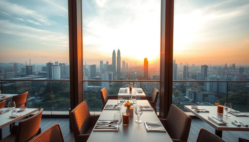 A serene rooftop restaurant with a breathtaking view of a bustling Indonesian cityscape. The foreground features a modern, minimalist dining area with clean lines and sophisticated Nikkei-inspired decor. The middle ground showcases the vibrant skyline, with towering skyscrapers and lush greenery creating a striking contrast. The background is dominated by a magnificent sunset, casting a warm, golden glow over the entire scene. Soft, diffused lighting illuminates the space, creating a cozy and inviting atmosphere. The camera angle is positioned to capture the stunning panoramic view, showcasing the perfect harmony between the urban landscape and the elegant dining experience.