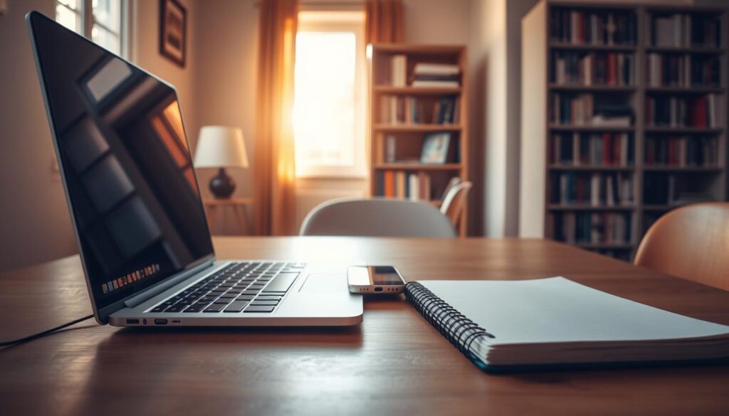 A serene study space, bathed in warm, natural light from a nearby window. In the foreground, a laptop and notebook sit untouched, signaling a conscious effort to avoid digital distractions. The middle ground features a smartphone, placed face-down, its notifications muted. In the background, a bookshelf stands as a symbol of knowledge and focus, creating a calming, distraction-free environment. The overall mood is one of mindfulness and intentionality, encouraging the viewer to disconnect from social media and gaming in order to maximize their study time and concentration.