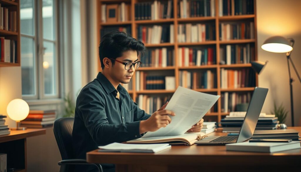 A serene study space, illuminated by soft, warm lighting that casts a cozy glow. At the center, a student sits at a wooden desk, meticulously reviewing their thesis manuscript, brow furrowed in concentration. Neatly organized folders, reference books, and a laptop surround them, creating a sense of focused preparation. In the background, a bookshelf filled with academic tomes stands as a symbol of knowledge and erudition. The atmosphere is one of quiet determination, as the student prepares to defend their academic work before a panel of experts, their expression reflecting the gravity of the occasion.