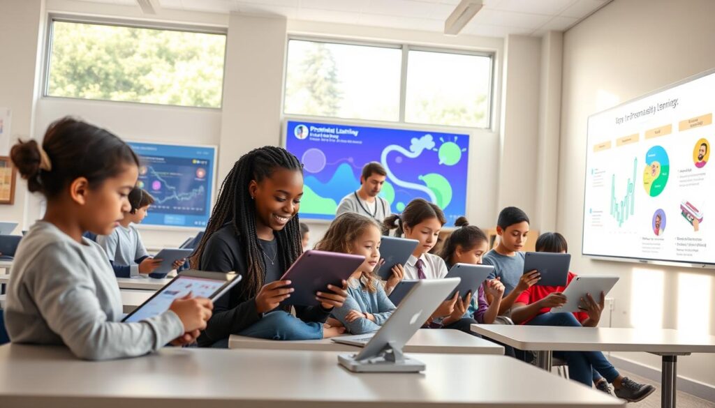 A serene, well-lit classroom setting with large windows allowing natural light to flood the space. At the center, a group of students of diverse backgrounds engrossed in personalized learning experiences on their sleek, minimalist tablets. The teacher, positioned discreetly to the side, observes and offers tailored guidance as needed. The room's walls are adorned with vibrant, interactive displays showcasing personalized learning pathways and progress. An atmosphere of focused engagement, adaptability, and individual growth permeates the scene.