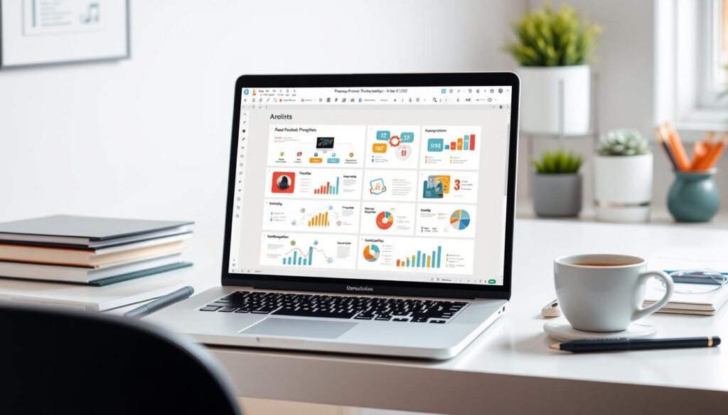A sleek and modern PowerPoint presentation software interface, displayed on a laptop screen with a stylish minimalist design. The screen showcases a variety of engaging visual elements such as infographics, charts, and animations, all arranged in a visually appealing and cohesive layout. The laptop is placed on a clean, well-lit desk, surrounded by office supplies and a cup of coffee, creating a productive and creative work environment. The overall scene conveys a sense of professionalism, attention to detail, and the potential to create visually stunning presentations.