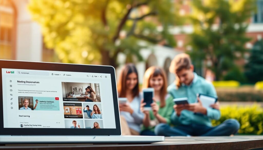 A sleek, modern learning management system interface, with a clean and minimalist design. The foreground features a laptop screen displaying a course dashboard, showcasing intuitive navigation, video lessons, and interactive quizzes. The middle ground depicts students using tablets and smartphones to access course materials on-the-go, representing the flexibility of e-learning. The background subtly suggests a university campus, with architectural elements and greenery, conveying a sense of academia and productivity. The overall scene is bathed in warm, natural lighting, creating a welcoming and focused atmosphere for effective online learning.