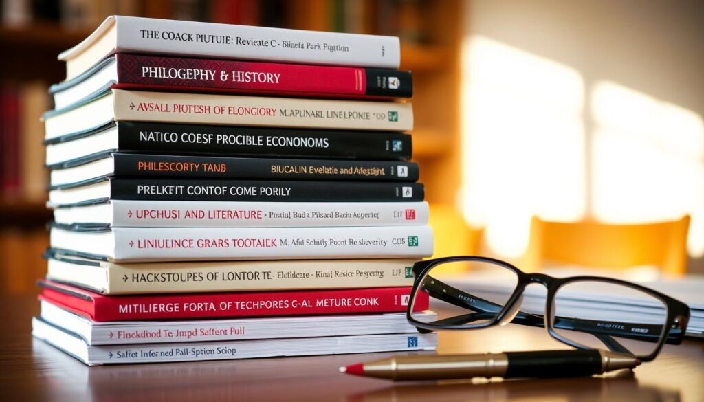 A stack of hardcover and paperback books, neatly arranged on a wooden table, with a warm, natural lighting illuminating the scene. The books cover a range of academic subjects, from philosophy and history to economics and literature, reflecting the diverse interests and needs of university students. In the foreground, a pair of reading glasses and a pen lie next to the book stack, suggesting a studious, contemplative atmosphere. The background is blurred, creating a sense of focus on the educational materials. The overall composition evokes a sense of knowledge, intellectual growth, and the college experience.