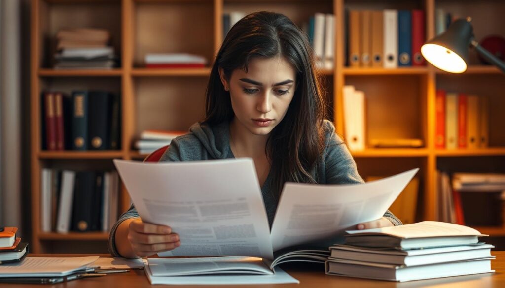 A student sitting at a desk, intently reviewing pages of a thesis manuscript, surrounded by a neatly organized workspace. Warm, focused lighting illuminates the scene, casting a contemplative atmosphere. Shelves in the background hold reference books and research materials, hinting at the scholarly nature of the task. The student's expression is one of determined concentration, reflecting the gravity of the revision process. The composition conveys a sense of academic diligence and the care taken to refine and finalize the thesis before the final defense.