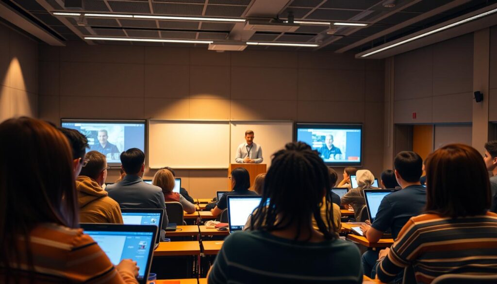 A university classroom with a diverse group of students engaged in a hybrid learning experience. In the foreground, a mix of students attending both in-person and virtually, their faces illuminated by the glow of their laptop screens. In the middle ground, a professor standing at a podium, seamlessly facilitating the hybrid discussion. The background features state-of-the-art educational technology, including interactive whiteboards and projection screens. The lighting is warm and inviting, creating a sense of collaboration and intellectual curiosity. The overall scene conveys the dynamic and inclusive nature of modern hybrid learning, blending physical and digital elements to enhance the educational experience.