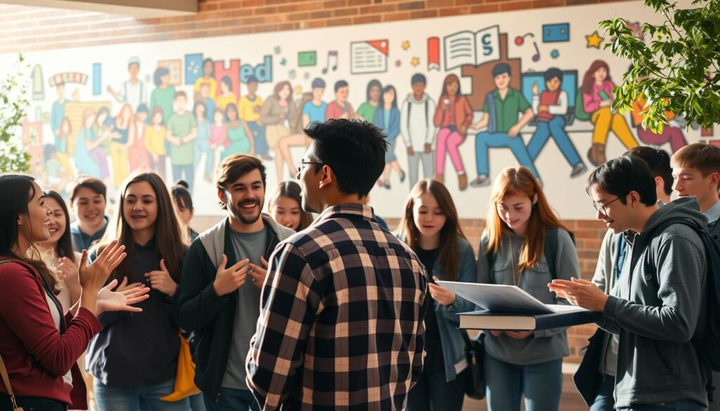 A vibrant campus scene, showcasing the diverse non-academic activities of dedicated college students. In the foreground, a group of students enthusiastically engage in a lively debate, their expressions animated and their gestures bold. In the middle ground, a team of students work collaboratively on an engineering project, their faces lit with determination. In the background, a colorful mural adorns the wall, depicting various student clubs and organizations. The lighting is warm and natural, casting a welcoming glow over the entire scene. The overall atmosphere conveys a sense of intellectual curiosity, community, and a well-rounded university experience.