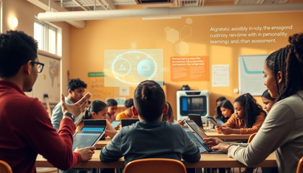 A vibrant classroom scene, filled with engaged students of diverse backgrounds. In the foreground, a teacher gesturing animatedly, using an interactive holographic display powered by AI technology. Surrounding them, students collaborating on tablets, algorithms assisting in real-time with personalized learning and assessment. In the middle ground, a 3D printer producing custom learning aids, while in the background, intelligent tutoring systems adapt lessons to individual needs. The room is bathed in warm, natural lighting, creating a collaborative and stimulating atmosphere conducive to innovative learning.