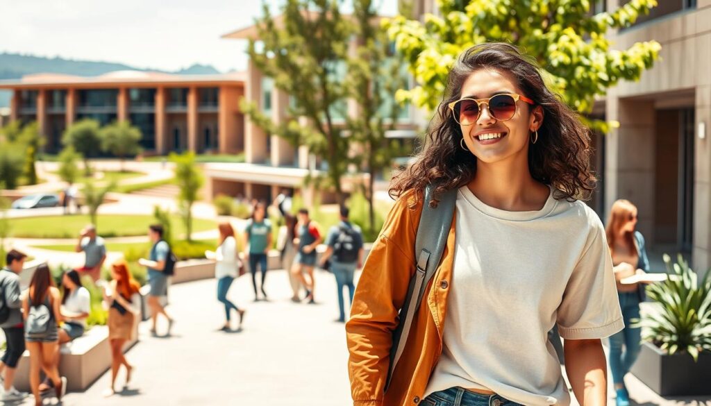 A vibrant, college-themed scene of a young, fashionable student casually strolling through a bustling campus. In the foreground, the student is dressed in trendy, yet affordable, streetwear, exuding an effortless sense of style. The middle ground showcases a lively university setting, with students conversing, studying, and enjoying their time together, all without the need for extravagant spending. The background features a picturesque campus landscape, with modern architecture, lush greenery, and a warm, sunny atmosphere, creating an inviting and cost-conscious environment. Crisp, natural lighting illuminates the scene, capturing the essence of living a fulfilling, social life without sacrificing financial responsibility.