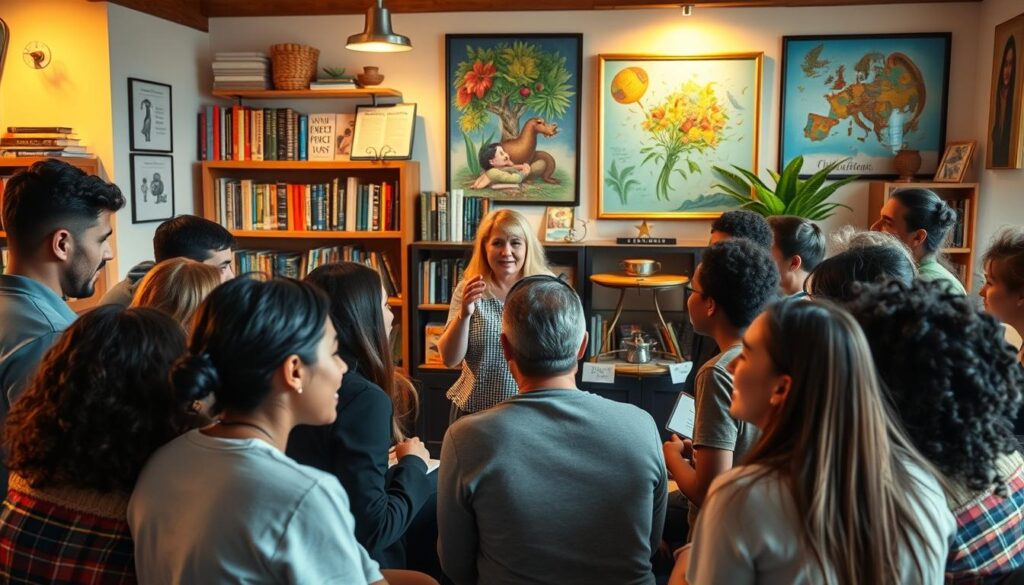 A vibrant, diverse gathering of English language enthusiasts in a cozy, well-lit community space. In the foreground, a group of students engaged in lively conversation, their faces animated as they practice their language skills. In the middle ground, a teacher leading an interactive workshop, gesturing expressively. The background features bookshelves, language-learning resources, and inspiring artwork that creates an atmosphere of intellectual curiosity and cultural exchange. Warm lighting, natural textures, and a sense of camaraderie and shared purpose pervade the scene, inviting the viewer to imagine themselves as part of this enriching, supportive English language community.