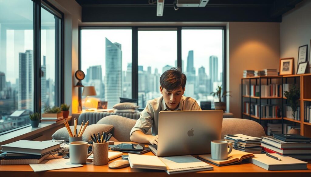 A vibrant, dynamic scene of a university student immersed in online business opportunities. In the foreground, a young person intently focused on a laptop, surrounded by a clutter of stationery, coffee mugs, and digital devices. Mid-ground, shelves filled with books and awards alluding to academic achievements. The background features a large window overlooking a bustling city skyline, hinting at the boundless potential of the digital realm. Warm, ambient lighting creates a cozy, productive atmosphere, while a minimalist, modern decor suggests a tech-savvy, innovative mindset. The overall composition conveys a sense of youthful energy, entrepreneurial spirit, and the promise of leveraging online platforms for personal and professional growth.