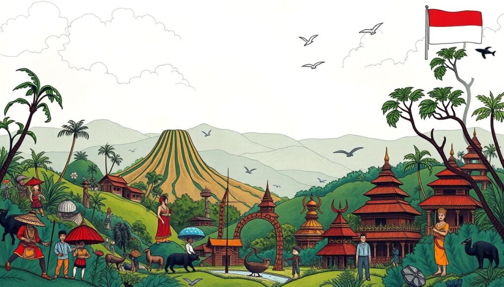 A vibrant, hand-drawn illustration depicting the rich history and cultural diversity of the Nusantara archipelago. In the foreground, a captivating narrative unfolds through a series of detailed vignettes, showcasing key moments and influential figures from the region's past. The middle ground features lush, stylized landscapes, with volcanoes, temples, and traditional architecture creating a sense of depth and wonder. In the background, a muted color palette and soft, diffused lighting imbue the scene with a nostalgic, dreamlike quality, inviting the viewer to immerse themselves in the captivating storytelling of Indonesia's storied history.